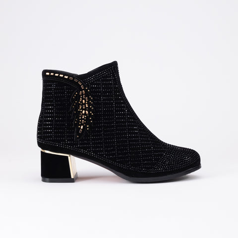 Suede Rhinestone Block Heel Bootie