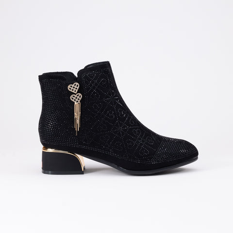 Glimmering Suede Block Heel Bootie