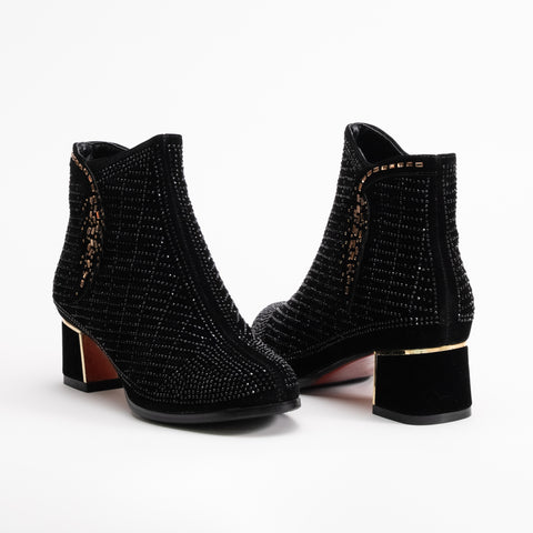 Suede Rhinestone Block Heel Bootie